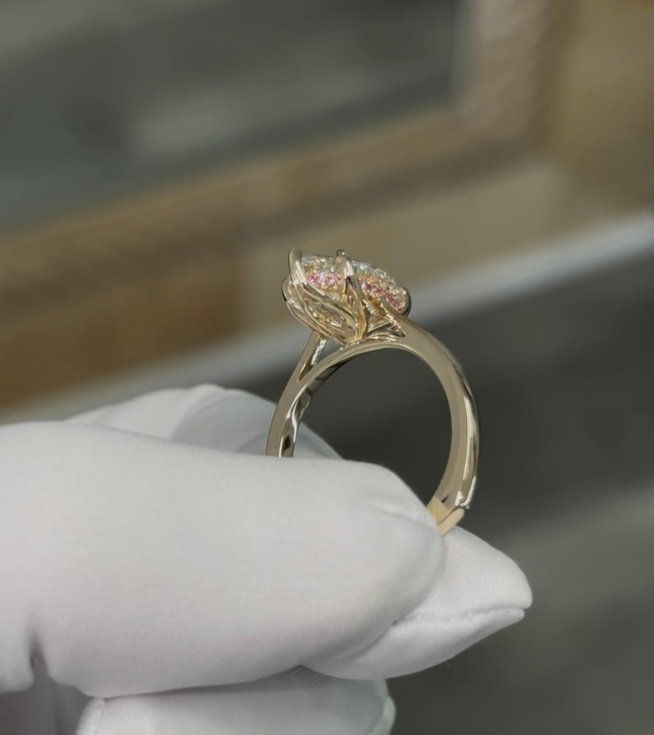 14kt Gold 3.6ct Lab Diamond Marquise Ring With Pink Diamond Hidden Halo