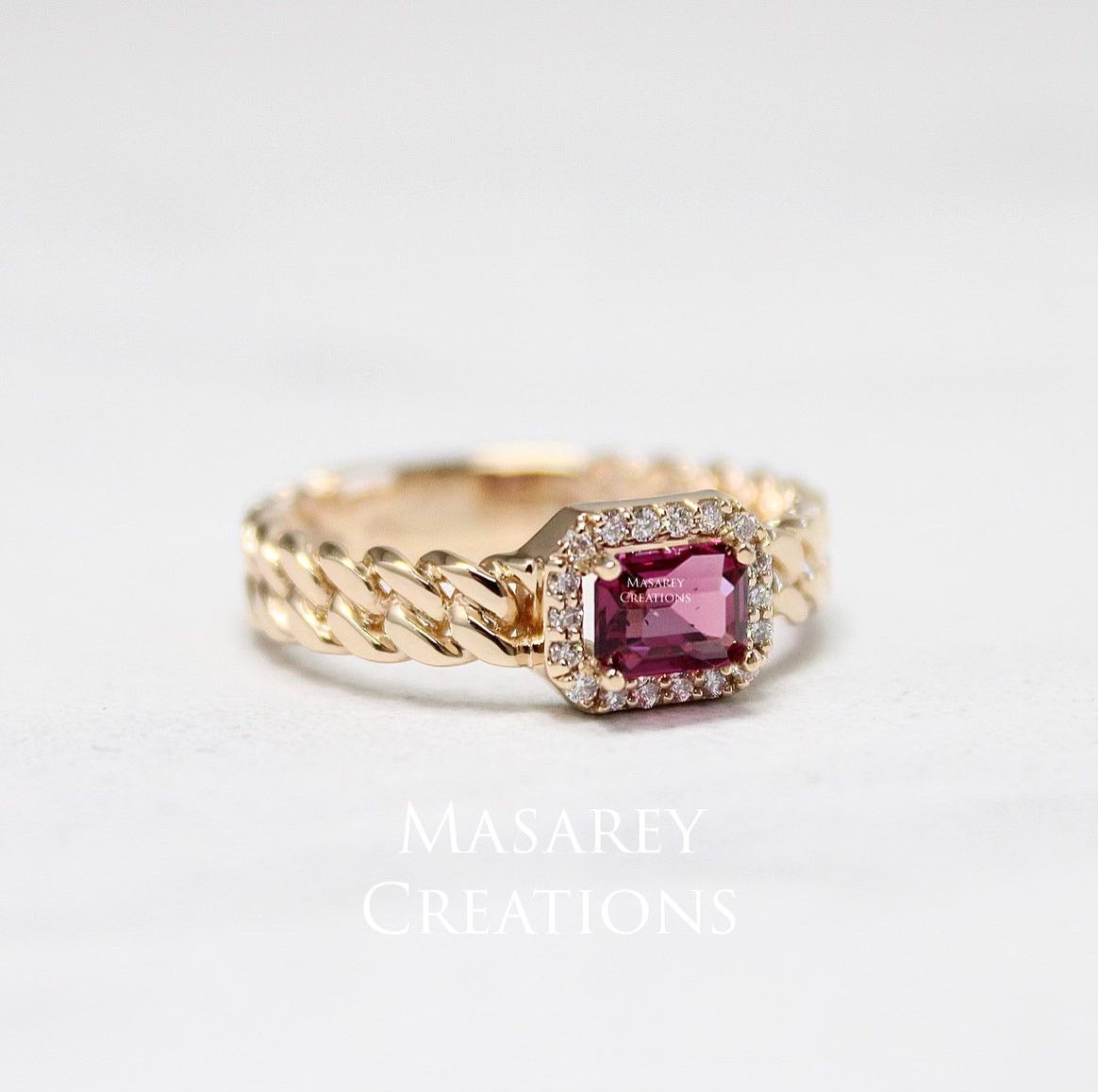 14kt Solid Gold Cuban Link Ring Spinel Ring Diamond Halo