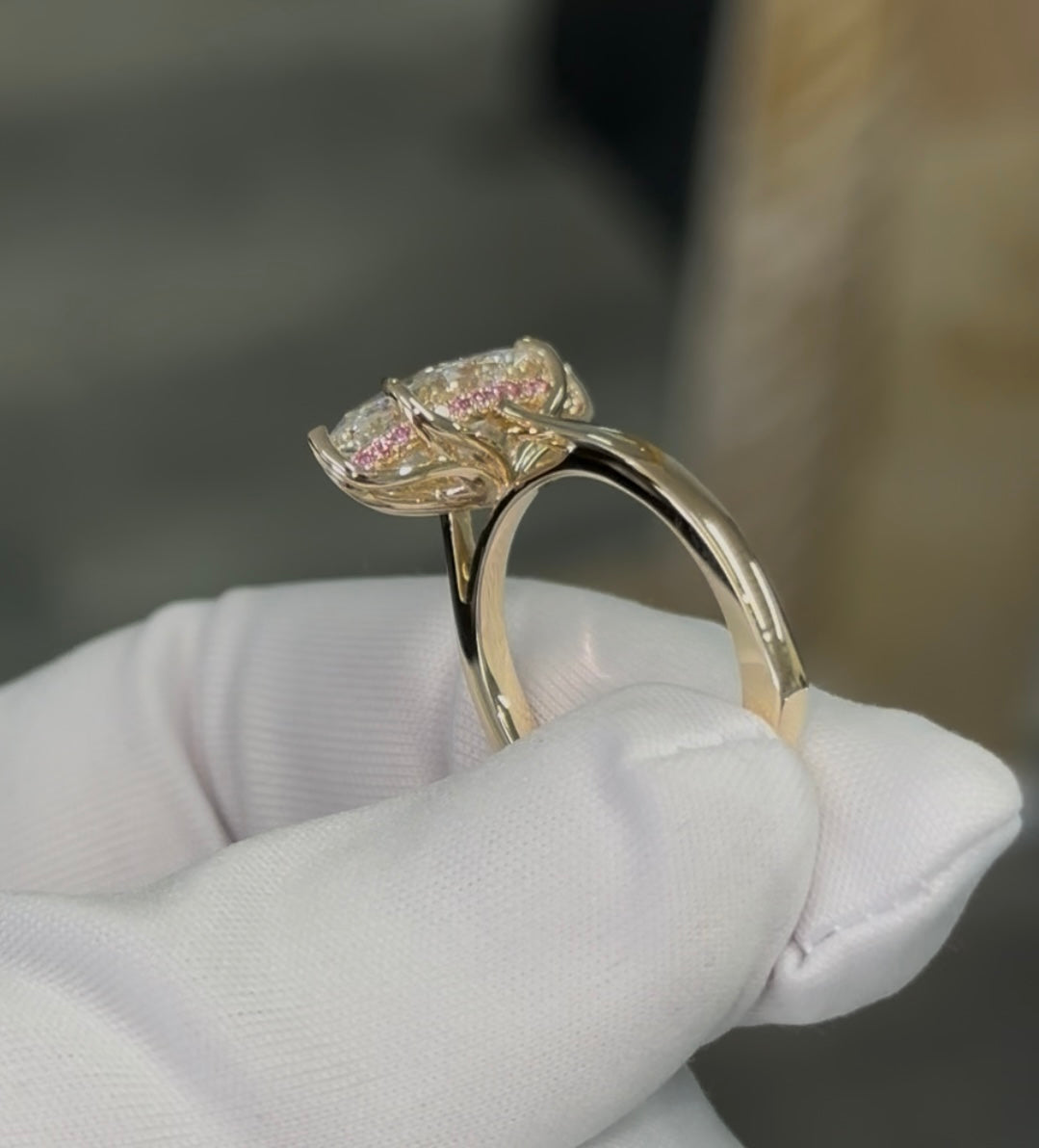 14kt Gold 3.6ct Lab Diamond Marquise Ring With Pink Diamond Hidden Halo