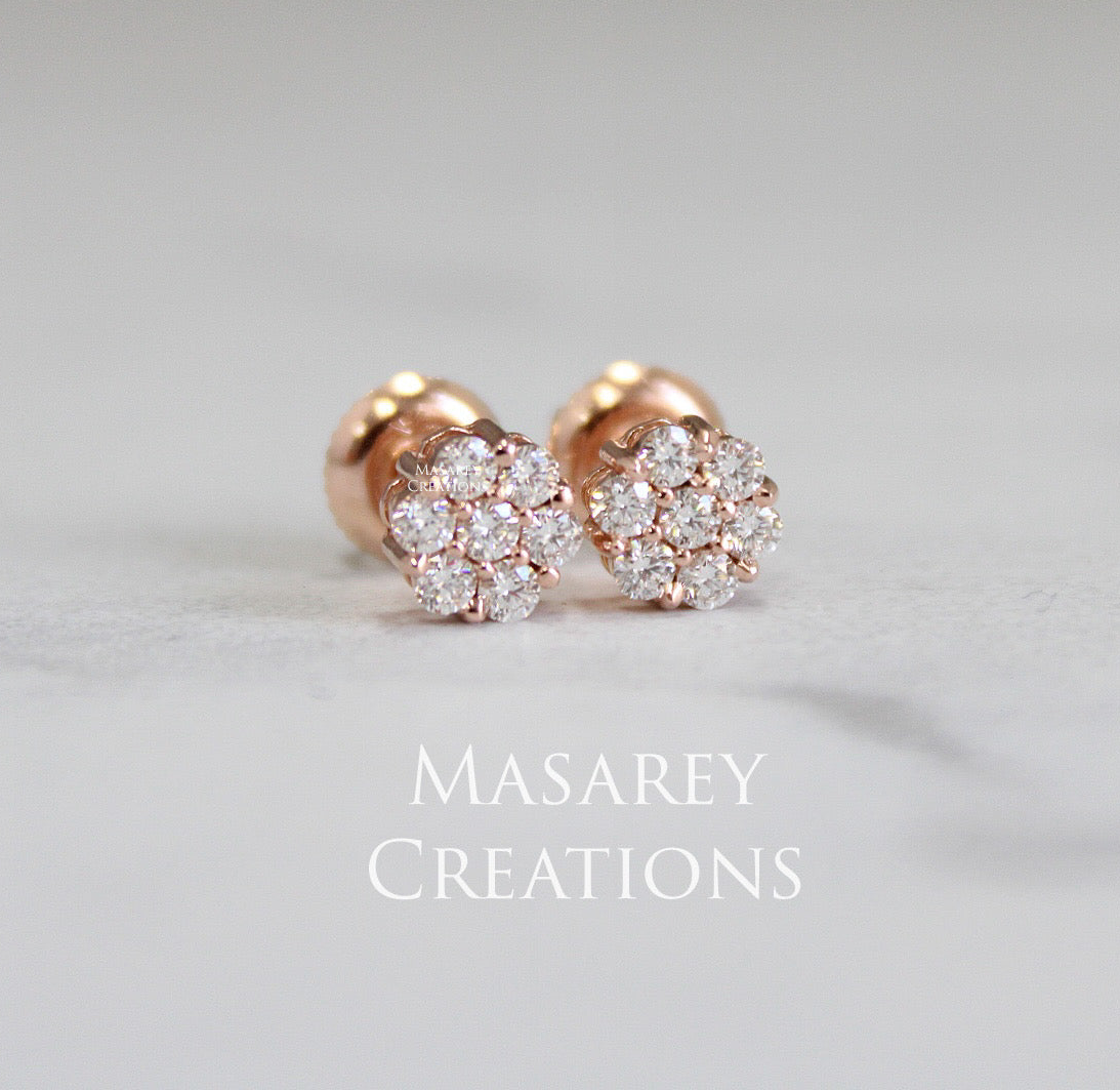 14kt Gold .44 TCW Round Brilliant Diamond Flower Cluster Earrings