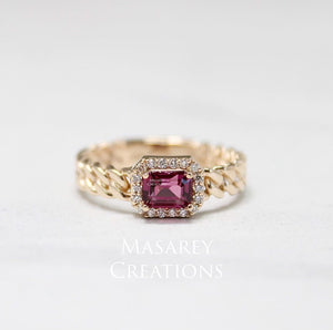 14k Solid Gold Cuban Link Ring Spinel Ring Diamond Halo