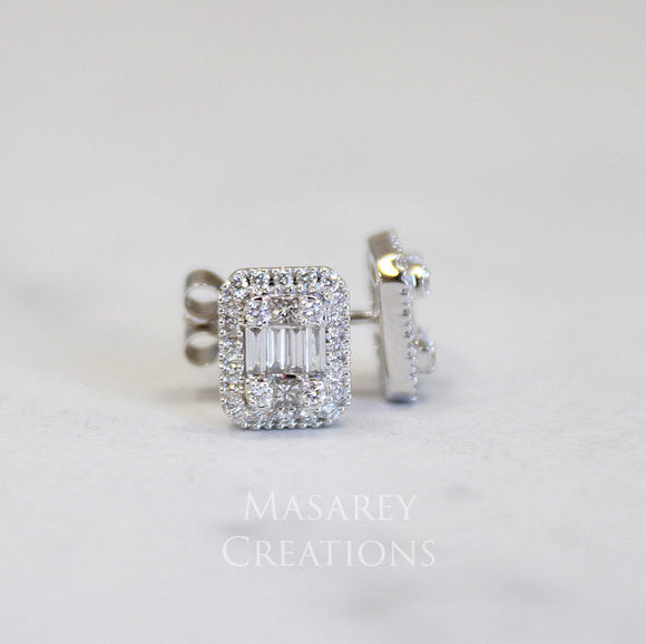 14kt White Gold Baguette Halo Earrings